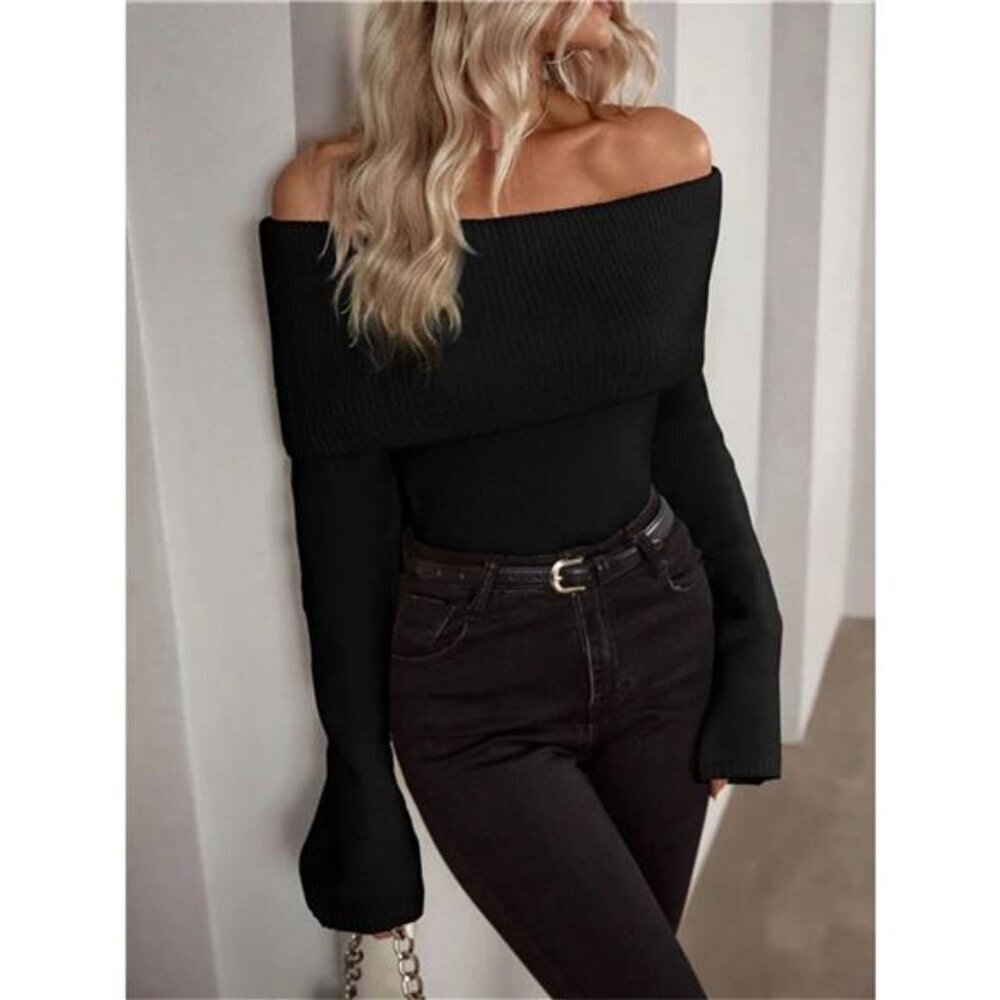 Off-Shoulder Ribbed Knit Sweater - Picture 8 of 10